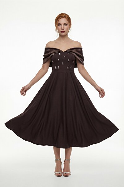 Lafaba Women's Brown Boat Neck Stone Detailed Flared Promise Engagement Weddi...