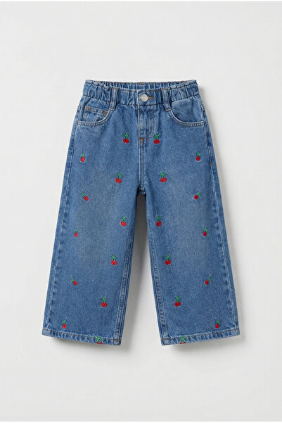 Magu Girl's Cotton Blue Cherry Embroidered Jean Trousers