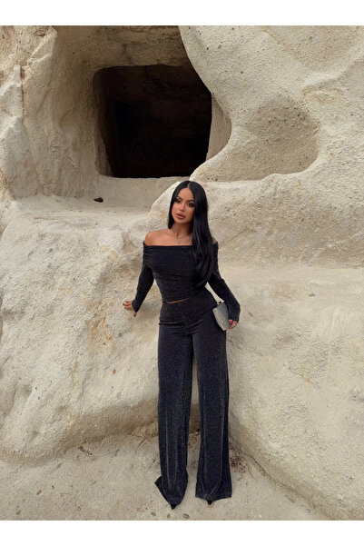 kırmızı butiks Simli Pantolon Bluz İkili Takım