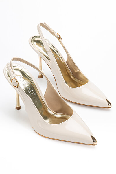 RİSSOLİ Stiletto cu toc subțire, cu detaliu auriu, din piele lăcuită bej, pen...