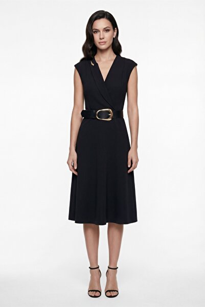 Lafaba Women's Black Double Breasted Collar Belted Midi Dress