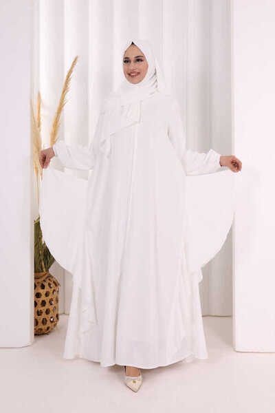Bym Fashion Umre Yan Fırfır Detaylı Ferace ŞAL HEDİYE 7057 Ekru