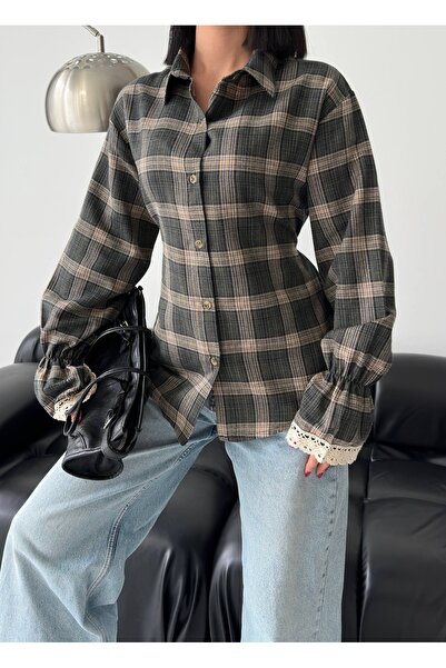 Ekim Store Lace Detail Waist-Fitted Plaid Shirt