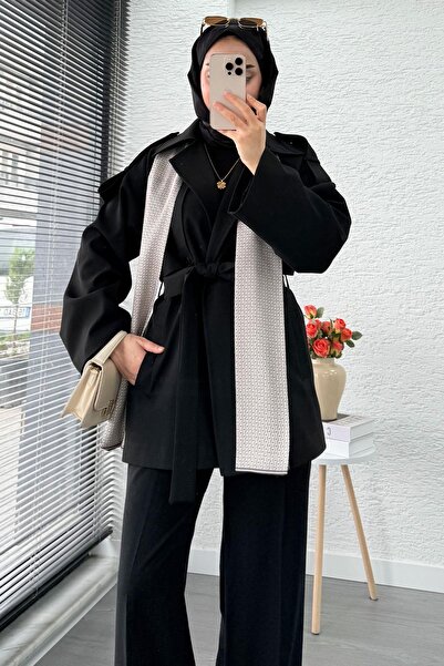 MELEK ARAZ Premium Women's Short Trench Coat with Scarf Detail – Black