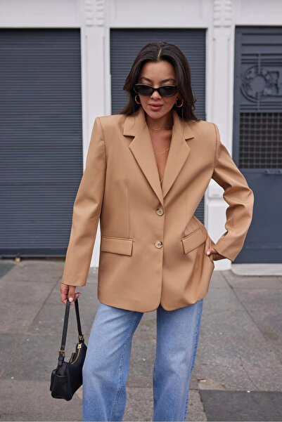 My Blog Camel Shiny Fabric Design Jacket with Back Slit Detail