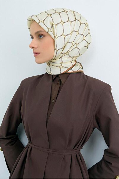 Armine Sura Pure Silk Scarf 9538 - 80 Cream Gold Chain Pattern