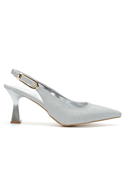 Hayalimdeki Ayakkabı Women's Silver Glittery Open-Back Pointed Thin Heeled Shoes