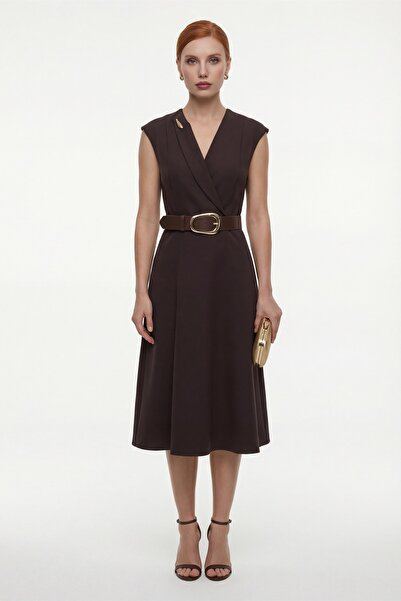 Lafaba Women's Brown Double-Breasted Collared Belted Midi Dress