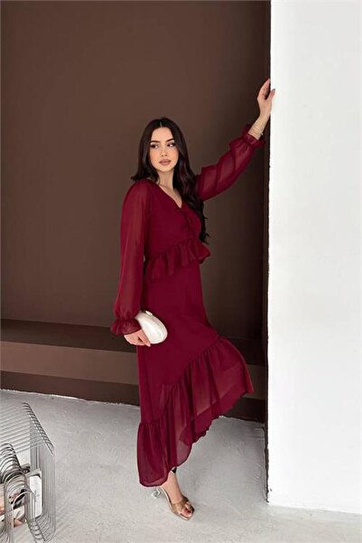 Neşeli Butik Women's Burgundy Bow Detailed V-Neck Flared Midi Chiffon Dress