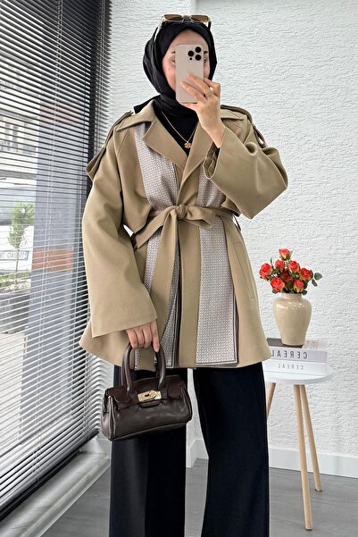 MELEK ARAZ Premium Women's Short Trench Coat with Scarf Detail – Beige