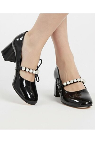 beelleshoe Women's Lei̇la Black Patent Leather Bow Stone Detailed Classic Hee...