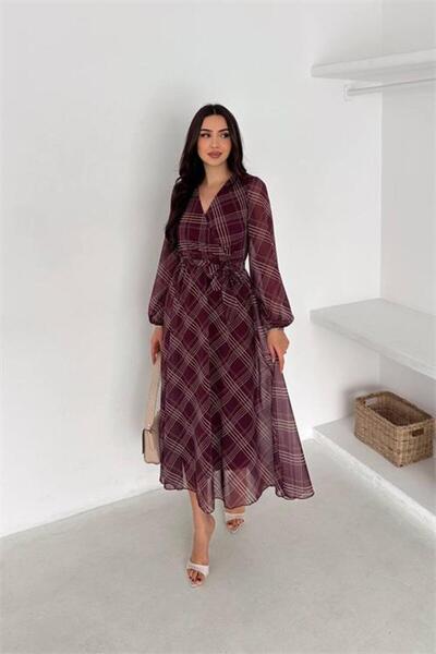 Neşeli Butik Women's Black Double-Breasted Collared Plaid Patterned Midi Leng...