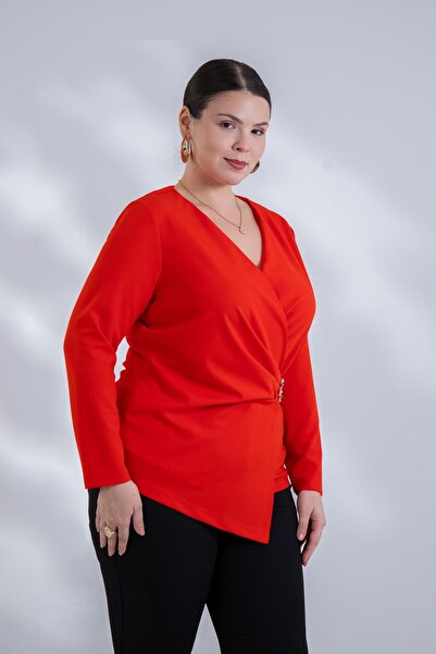 Roxxlen Γυναικεία μπλούζα μεγάλου μεγέθους με λεπτομέρεια αγκράφας, διπλό στή...