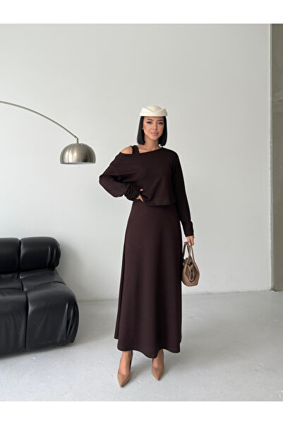 LE CARAMBOLE Women's Brown Boat Neck Blouse Dress Double Set