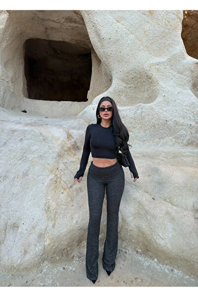 kırmızı butiks Antrasit Bel Katlamalı Yumoş Pantolon