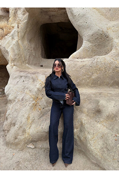 kırmızı butiks Çift Fermuarlı Denim Takım