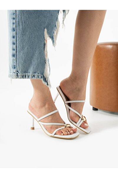 ALEMDAR AYAKKABI Adella White Heeled Women's Slippers