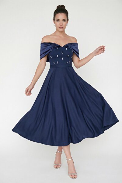 Lafaba Women's Navy Blue Boat Neck Stone Detailed Flared Engagement Wedding E...