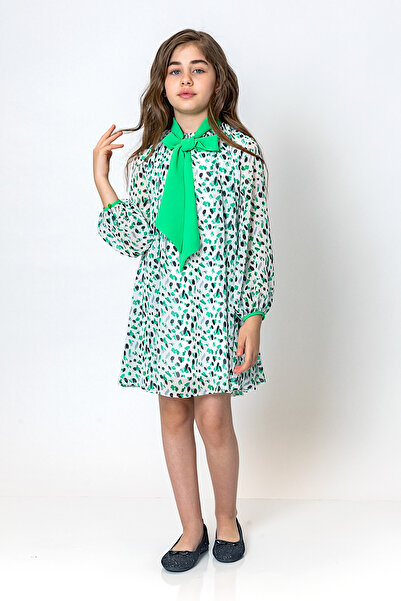 incity Rochie verde cu model și guler cu fundă pentru fete - Noul sezon