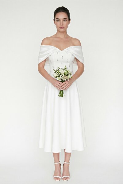 Lafaba Women's White Boat Neck Stone Detailed Flared Promise Engagement Weddi...