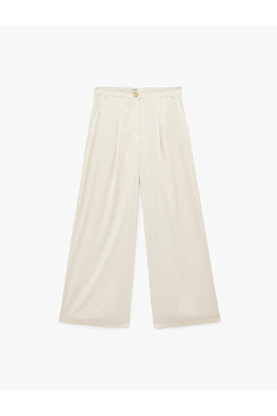 Koton High Waist Straight Wide Leg Satin Trousers with Pockets and Pleat Detail