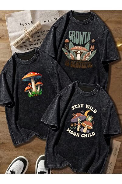 ship master 3-Pack Mushroom Printed Women's T-Shirts |   Vintage Washed, Crew...