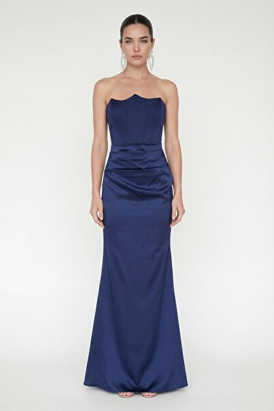 Lafaba Women's Navy Blue Slim Fit Strapless Neckline Waist Draped Satin Eveni...