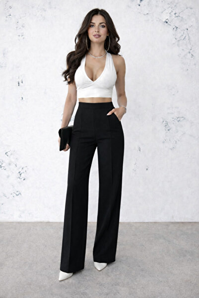 RAMİOR COLLECTION Women's Black Modal Fabric High Waist Palazzo Trousers