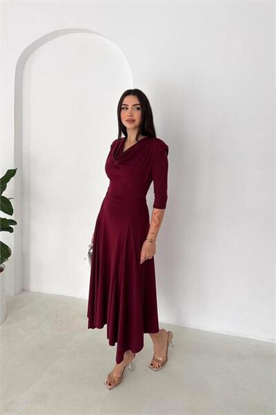 Neşeli Butik Women's Burgundy A-Line Dress with a Drop-Down Collar and Should...