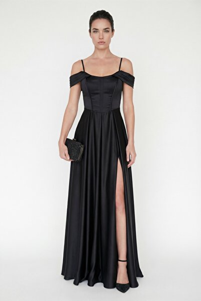 Lafaba Women's Black Slim Fit Corset Detailed Slit Long Satin Evening Dress