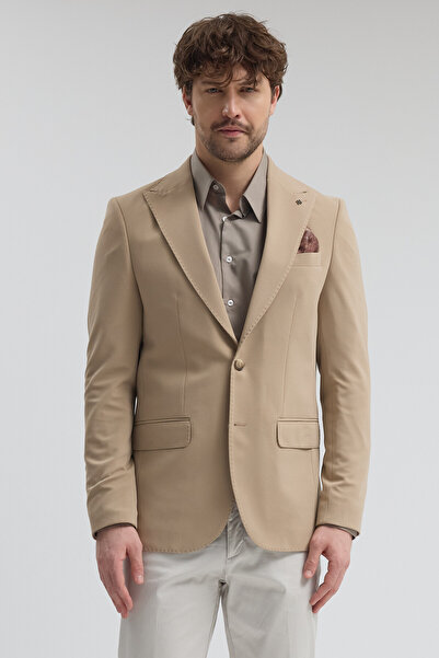 Frappoli Pique Men's Beige Pointed Collar Slim Fit Sport Blazer Jacket with F...