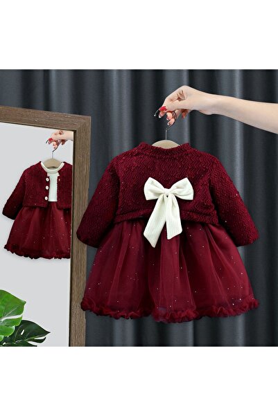 kizu Elegant burgundy baby girl set with fur bolero and tulle dress 6 MONTHS ...