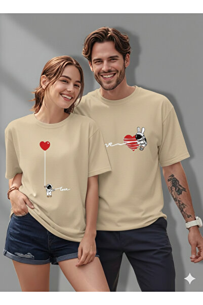 JENOLAN Sevgili Kombini Love Astronot Baskılı Oversize Tişört Salaş (Çift)