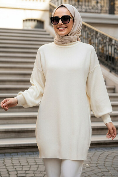 N.S NEVA STYLE High-Neck Cream Hijab Knitwear Sweater 10381Kr