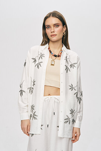 Orfeo Negro Women's Leaf Embroidered Oversize Cut Viscose Shirt