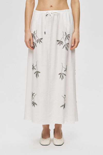 Orfeo Negro Women's Leaf Embroidered Maxi Skirt with Lace Detail