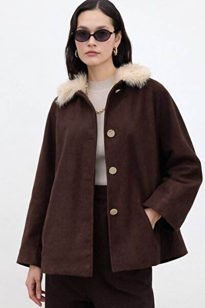 oshebu Women's Fur Detachable Collar Lined Cashmere Jacket