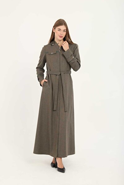 ESİN GİYİM Astarlı Kapüşonlu Mevsimlik Kuşaklı Uzun Pardesü