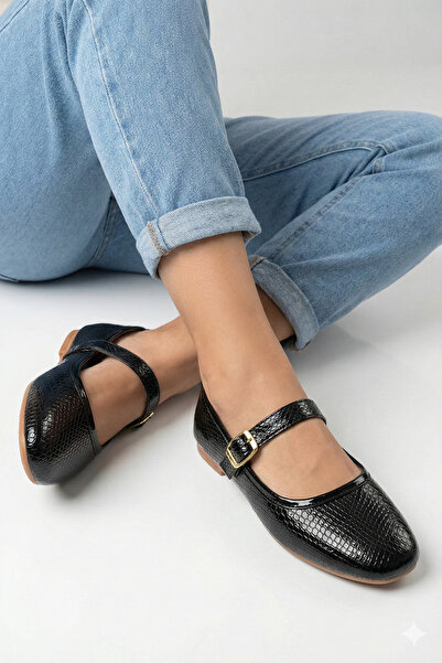 StWenn Piele lacuită neagră, încrețită, cu fundă moale, elegantă, balerină pe...