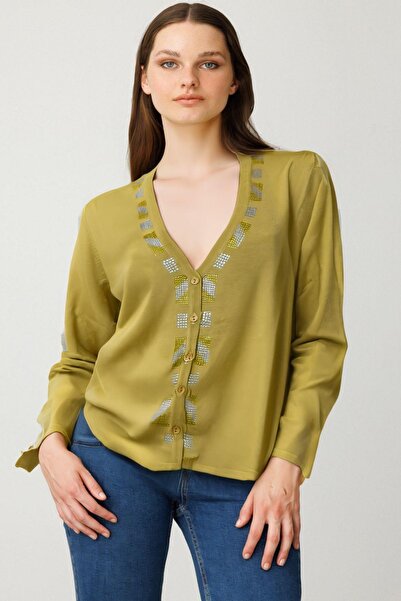 Desen Triko Women's Thin Knitwear Cardigan with Colored Stone Print on the Co...