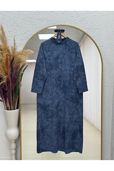 MİHRA STORE Banuş Belted Fat Patterned Two-Strap Dress-Nl667 Indigo