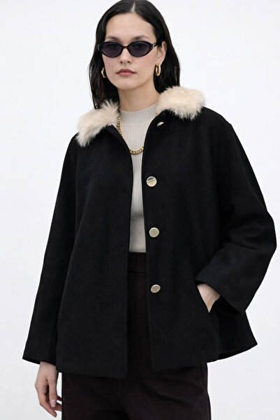 oshebu Women's Fur Detachable Collar Lined Cashmere Jacket