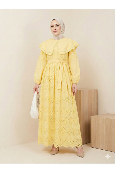 Kirazgym Women's Cape Collar Lace Detailed Elegant Dress - Yellow