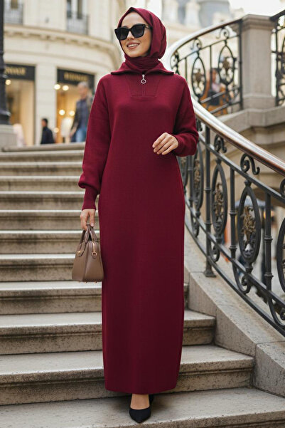 N.S NEVA STYLE Burgundy Hijab Knitwear Dress 60321Br