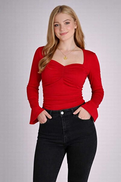 MB MERİÇ Kadın Ön Büzgülü V Yaka İspanyol Kol Bluz