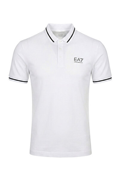 EA7 Erkek Kontrast Şeritli Polo Yaka T-Shirt - Beyaz