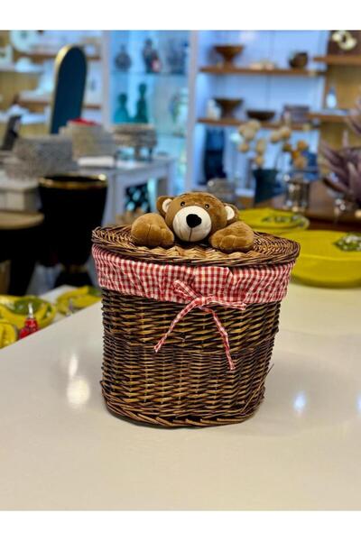 Sever Brown Plush Detail Oval Wicker Laundry/Toy Basket 31X24X27Cm