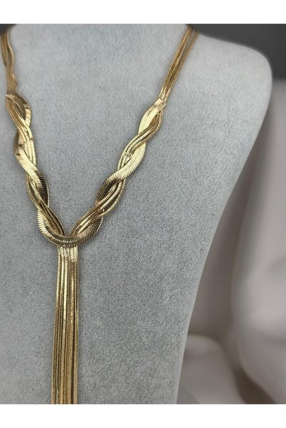 ZS Aksesuar Gold Color Mesh Detailed Long Steel Necklace with Tassel End