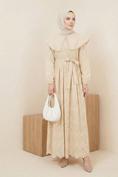 Kirazgym Women's Cape Collar Lace Detailed Elegant Dress Beige