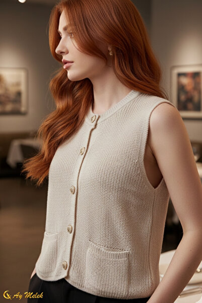 AYMELEK Women's Knitwear Crew Neck Buttoned Pocket Detailed Sweater/Pullover